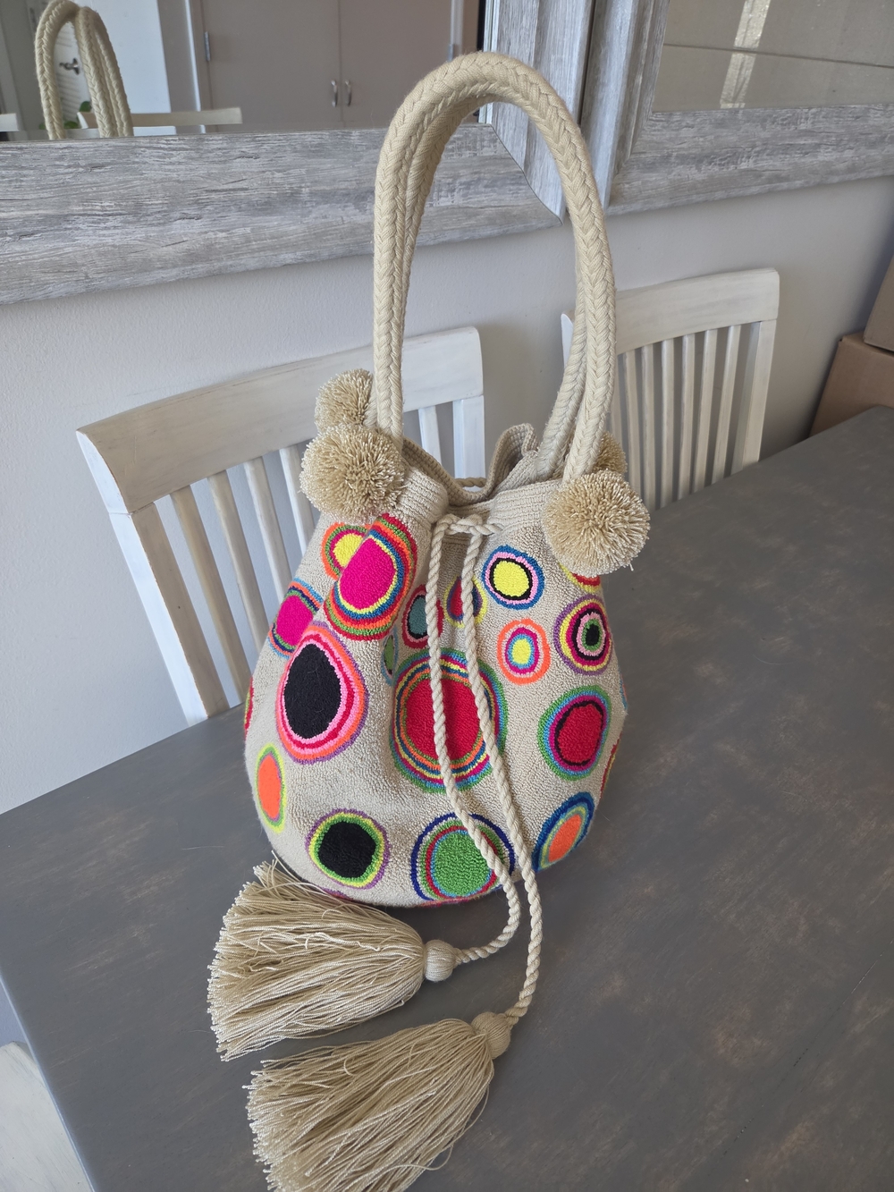 Beige Embroidered Bucket Hobo with Multicolor Circle Accents HANDMADE